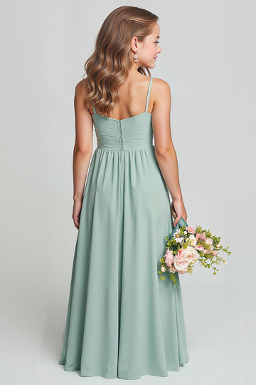 Matcha Spaghetti Straps Chiffon Ruched A-Line Long Junior Bridesmaid Dress